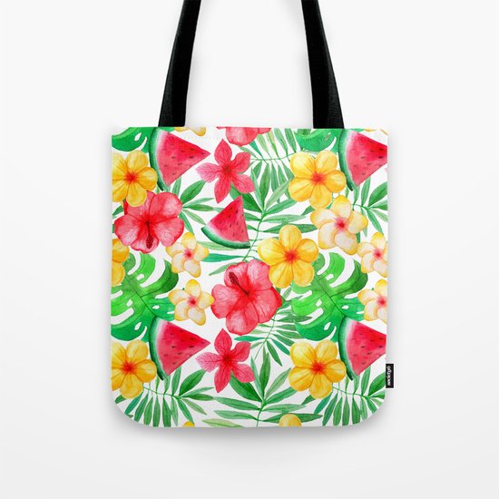 Happy Summer Life- Aloha Flowers and Melon - Pattern on #Society6 Tote Bag