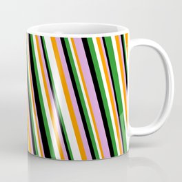 [ Thumbnail: Eye-catching Forest Green, Black, Plum, Dark Orange, and White Colored Striped Pattern Coffee Mug ]
