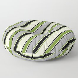 [ Thumbnail: Dark Grey, Green, Light Yellow, and Black Colored Lined Pattern Floor Pillow ]