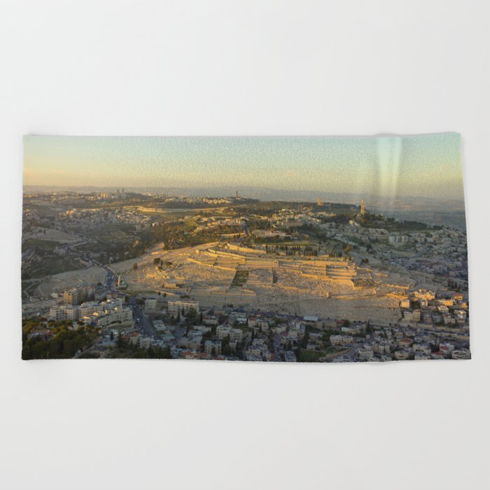 Jerusalem, Mount of Olives at Sunset cityscape panoramic landscape color photograph / photography by Andrew Shiva  Beach Towel