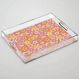 Happy Daisy and Heart Pattern, Cute, Summer, Tangerine Orange, Fuchsia Acrylic Tray