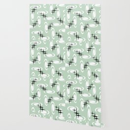 Retro Atomic Age Swirls Stars Pattern Sage Green Wallpaper