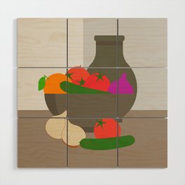 Orange, cucumbers, tomatoes, onion and two halves of the onion Wood Wall Art
