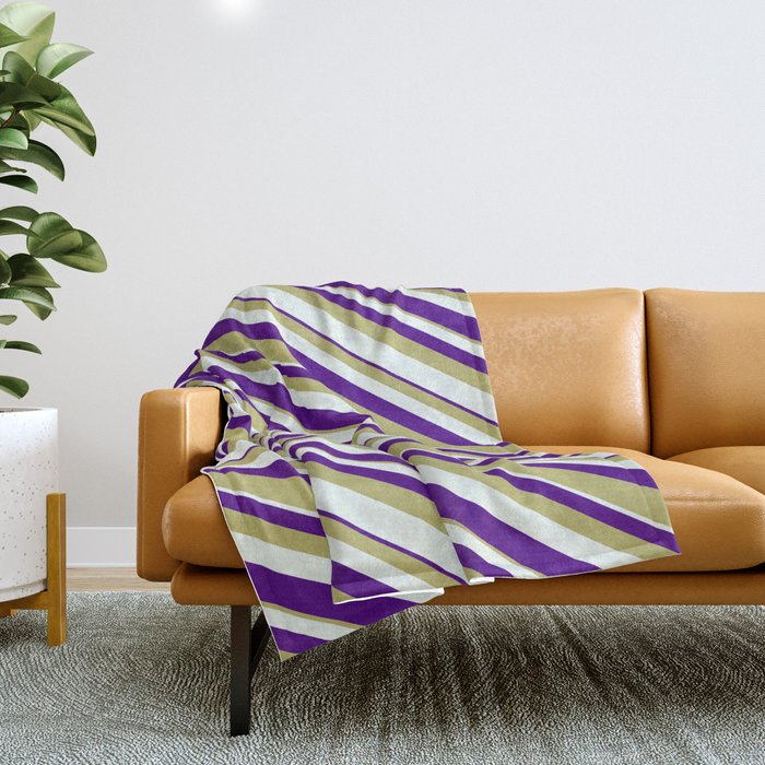Dark Khaki, Mint Cream, and Indigo Colored Striped/Lined Pattern Throw Blanket