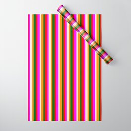 [ Thumbnail: Beige, Fuchsia, Red, Dark Green, and Dark Orange Colored Lines/Stripes Pattern Wrapping Paper ]