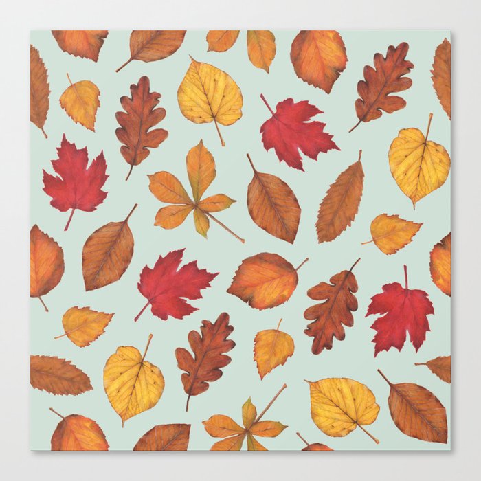 Autumn Leaves Illustration Pattern | Pale Green Leaves Pattern | Oak Linden Maple pattern Canvas Print