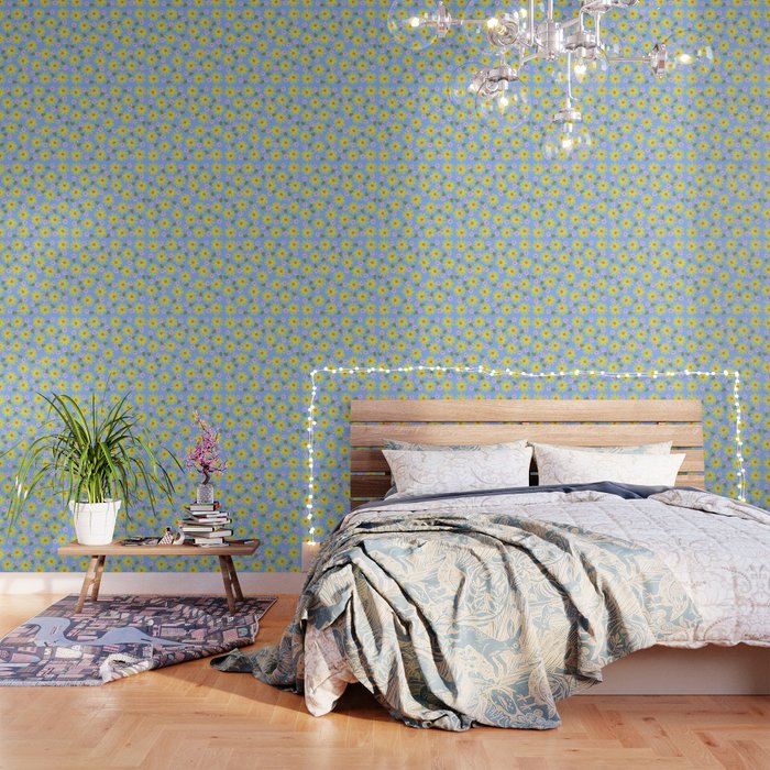 Mid-Century Modern Inked Daisies Sky Blue And Yellow Wallpaper