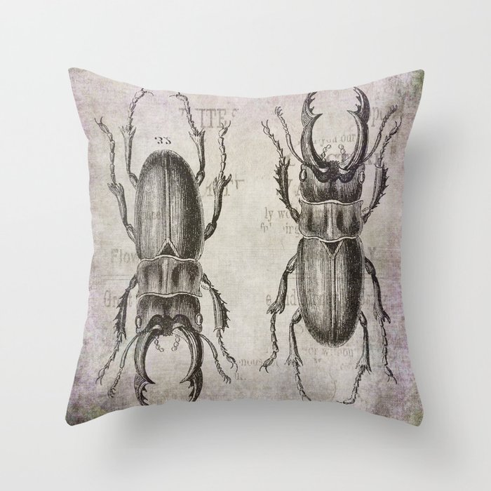 Grunge Style Stag Beetle Throw Pillow
