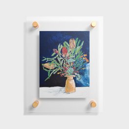 Yellow and Red Australian Wildflower Bouquet in Pottery Vase on Navy, Original Still Life Painting Floating Acrylic Print