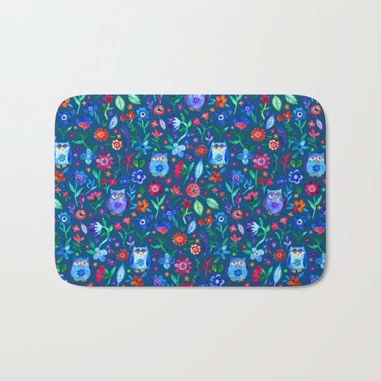 Little Owls and Flowers on deep teal blue Bath Mat