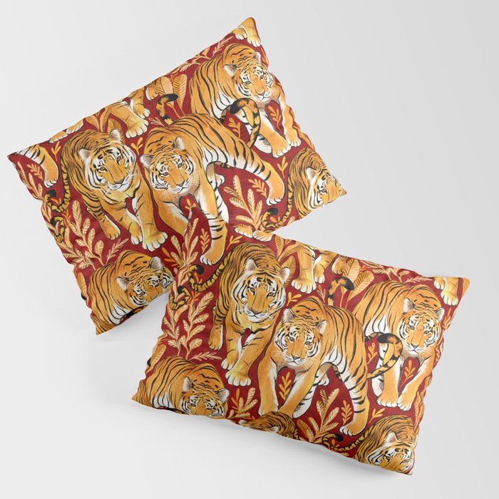The Hunt - Golden Orange Tigers on Crimson Red Pillow Sham