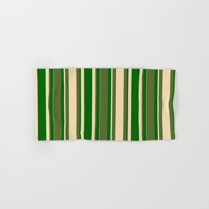Dark Olive Green, Tan, and Dark Green Colored Lined/Striped Pattern Hand & Bath Towel