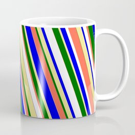 [ Thumbnail: Vibrant Blue, Tan, Dark Green, Red, and White Colored Stripes/Lines Pattern Coffee Mug ]