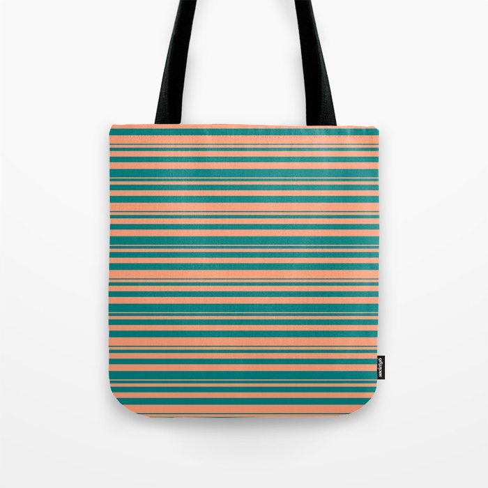 Light Salmon & Teal Colored Stripes/Lines Pattern Tote Bag