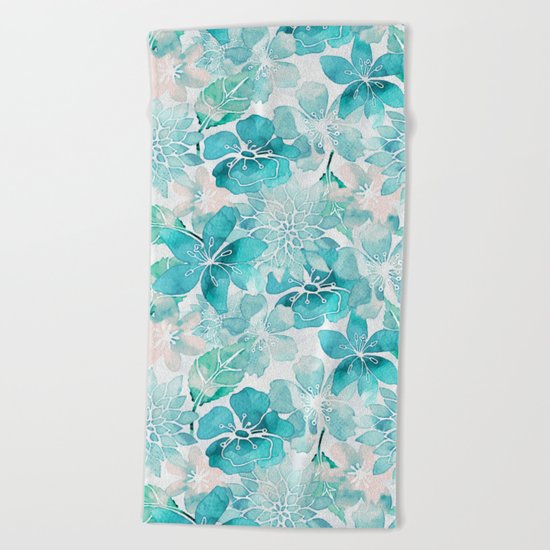 Blue green watercolor flower pattern Beach Towel