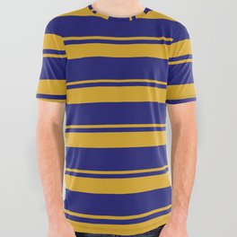 [ Thumbnail: Goldenrod and Midnight Blue Colored Striped/Lined Pattern All Over Graphic Tee ]