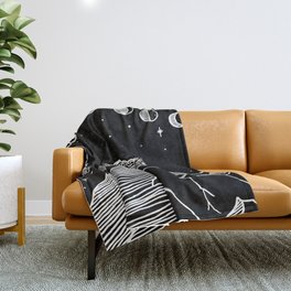 Moon Phases over Mountains - Black Throw Blanket