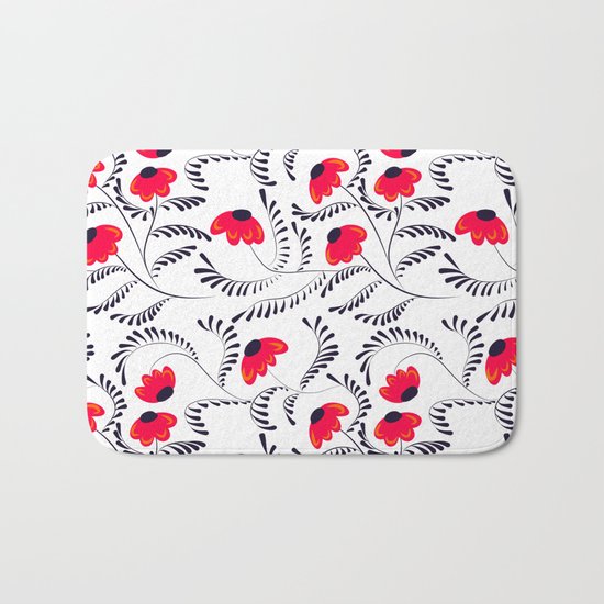 The floral pattern . Red flowers with black leaves . Bath Mat