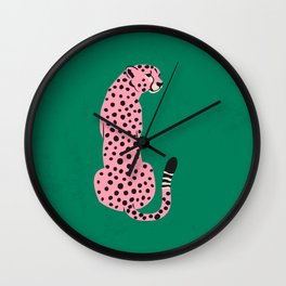 The Stare: Pink Cheetah Edition Wall Clock | Illustration, Tropical, Art, Mid Century, Forest, Animal, Midcentury, Modern, Jungle, Green 