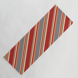 [ Thumbnail: Coral, Grey, Pale Goldenrod, and Red Colored Striped Pattern Yoga Mat ]