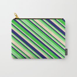 [ Thumbnail: Lime Green, Light Green, Bisque, and Midnight Blue Colored Lined Pattern Carry-All Pouch ]