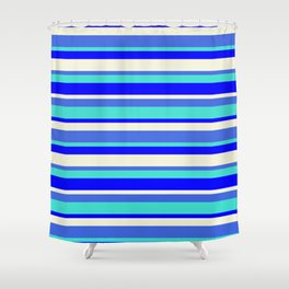[ Thumbnail: Royal Blue, Turquoise, Blue & Beige Colored Lined Pattern Shower Curtain ]