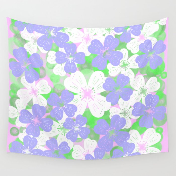 70’s Desert Flowers Periwinkle on Pink Wall Tapestry