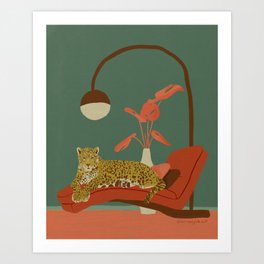 Retro Mid Century Modern Jaguar on an Office Couch Gouache Art Print