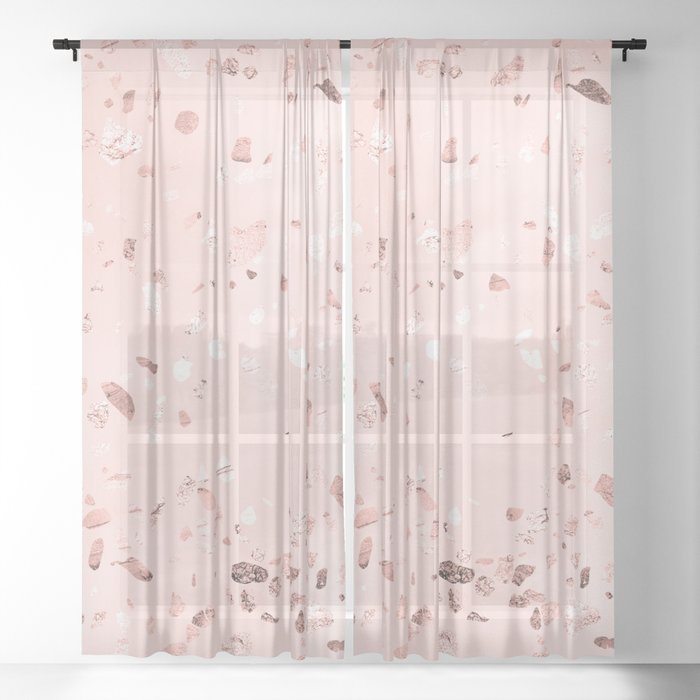 Rose Gold Terrazzo Marble On Blush Pink, Pink Sheer Panel Curtains