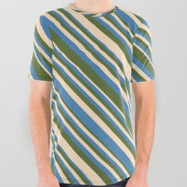 [ Thumbnail: Bisque, Blue, and Dark Olive Green Colored Lines/Stripes Pattern All Over Graphic Tee ]