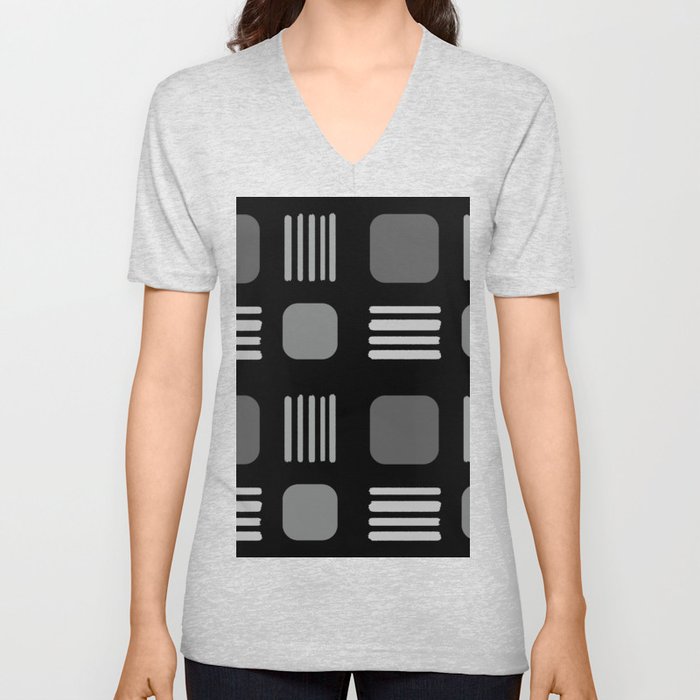 Mid-Century Modern Squares Lines Black Gray V Neck T Shirt