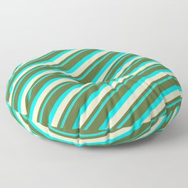 [ Thumbnail: Dark Olive Green, Cyan & Bisque Colored Lined Pattern Floor Pillow ]