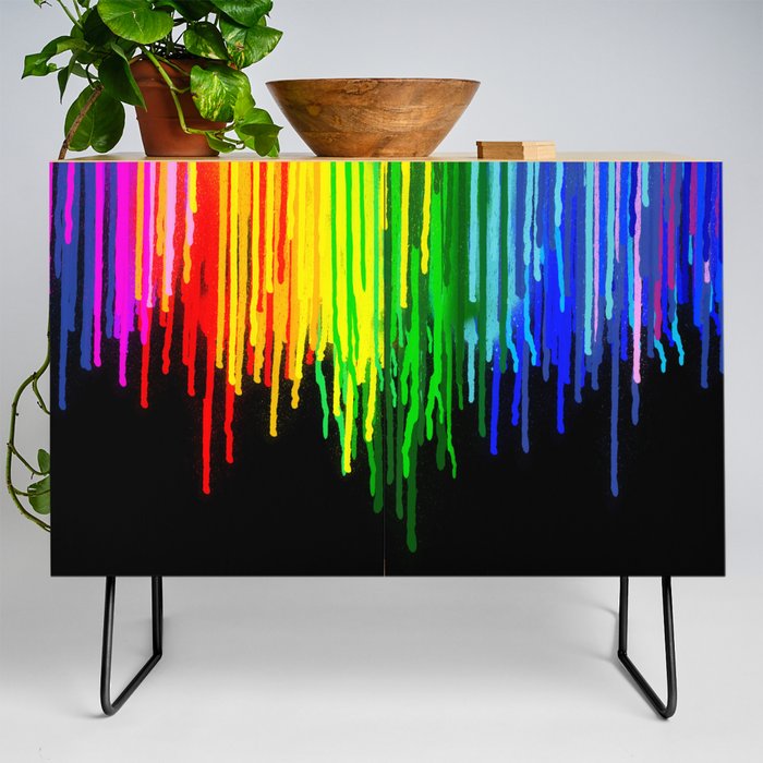 Rainbow Paint Drops on Black Credenza