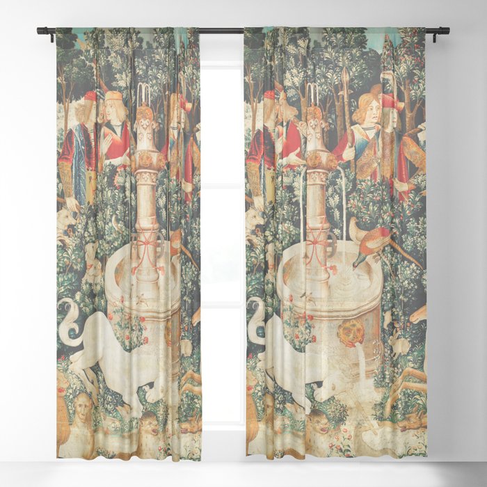 Unicorn Medieval Tapestry Sheer Curtain, Medieval Tapestry Shower Curtain