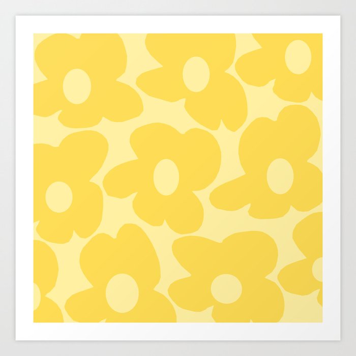 Large Sunny Yellow Retro Flowers Baby Yellow Background #decor #society6 #decor Art Print