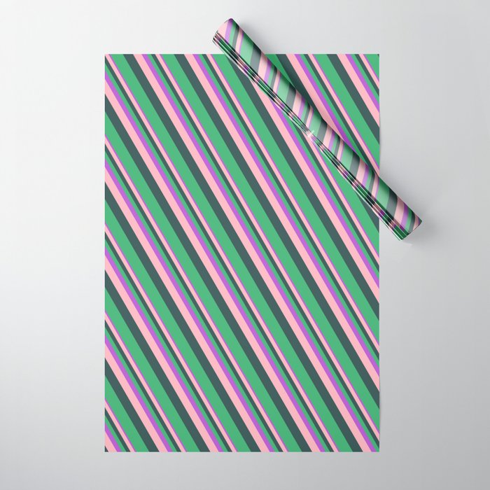 Orchid, Light Pink, Dark Slate Gray, and Sea Green Colored Lines/Stripes Pattern Wrapping Paper