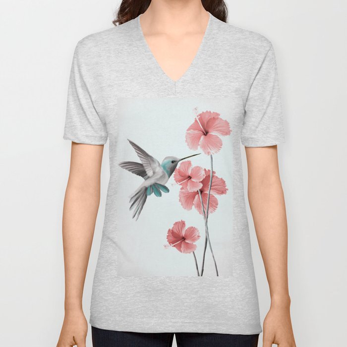 Hummingbird with Hibiscus V Neck T Shirt