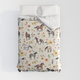 Horses and Flowers, Sunrise Floral, Cream, Horse Print, Horse Illustration, Pink and Yellow, Equestrian, Little Girls Comforter