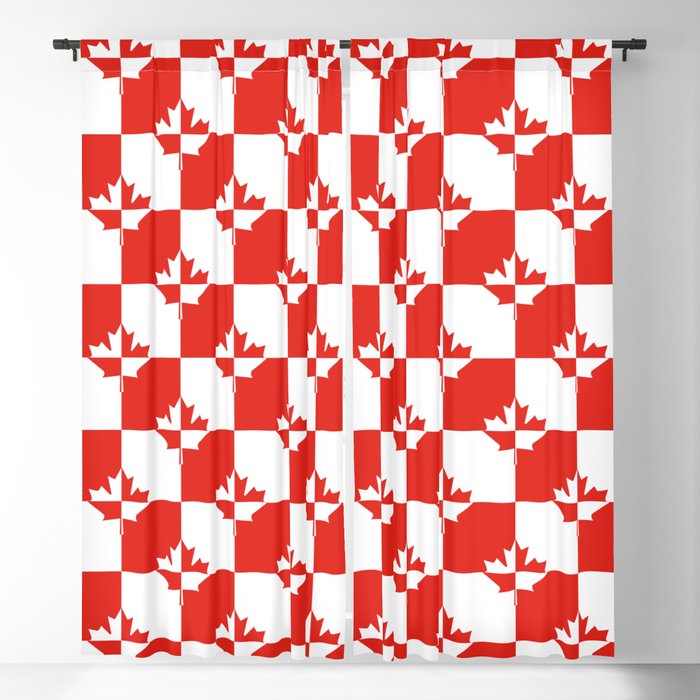 Red and White Canadian Maple Leaf Chess Board Checker Pattern Blackout Curtain