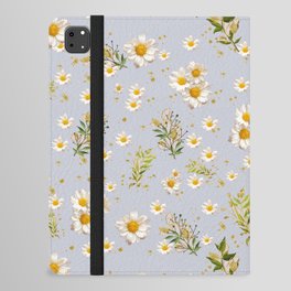 White Daisies Floral Field Pattern Light Neutral Pastel Blue iPad Folio Case