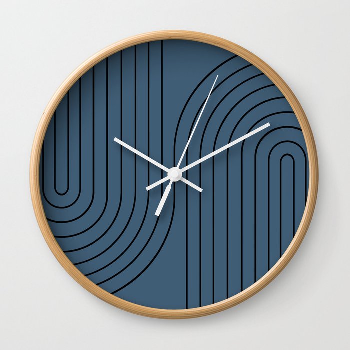 Minimal Line Curvature LVI Navy Blue Mid Century Modern Arch Abstract Wall Clock