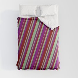 [ Thumbnail: Dark Sea Green, Purple, and Maroon Colored Striped/Lined Pattern Comforter ]