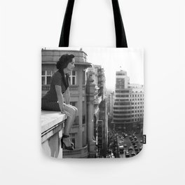 Woman on High, female form cityscape black and white photograph / photography Tote Bag