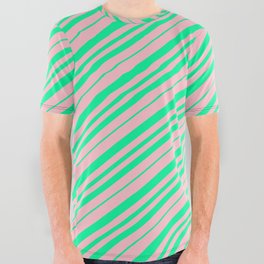 [ Thumbnail: Pink & Green Colored Lined Pattern All Over Graphic Tee ]