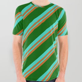 [ Thumbnail: Turquoise, Chocolate & Dark Green Colored Stripes Pattern All Over Graphic Tee ]