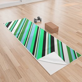 [ Thumbnail: Eyecatching Green, Light Sky Blue, Forest Green, White, and Black Colored Lines Pattern Yoga Towel ]