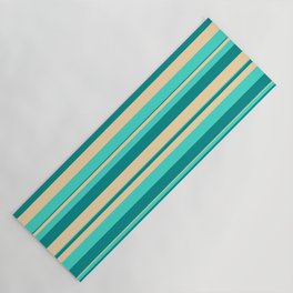 [ Thumbnail: Dark Cyan, Tan & Turquoise Colored Pattern of Stripes Yoga Mat ]