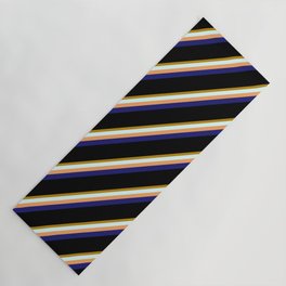 [ Thumbnail: Vibrant Dark Goldenrod, Light Cyan, Brown, Midnight Blue & Black Colored Stripes/Lines Pattern Yoga Mat ]