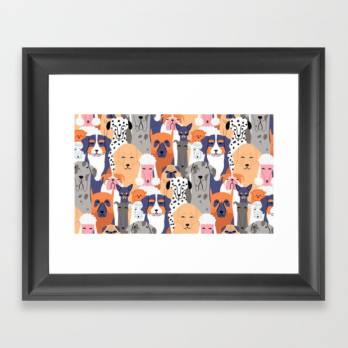 Funny diverse dog crowd character cartoon background Framed Art Print