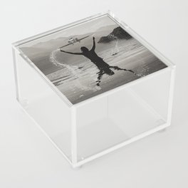 On the wings of love; airplane landing over lake guide by female swimming alpine mountain black and white photograph - photographs - photography Acrylic Box